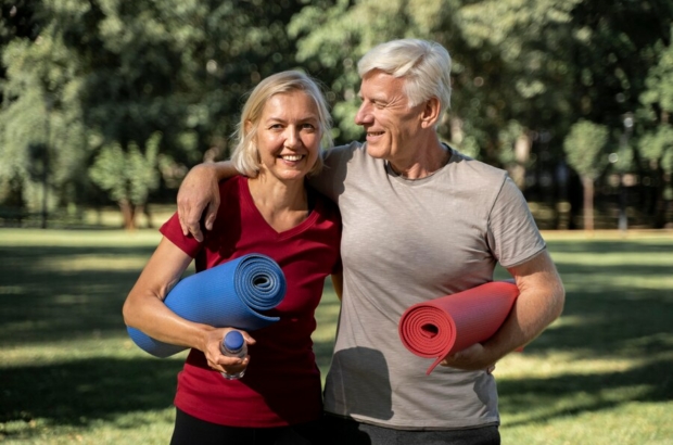 couple-personnes-agees-smiley-exterieur-tapis-yoga-bouteille-eau_23-2148729885