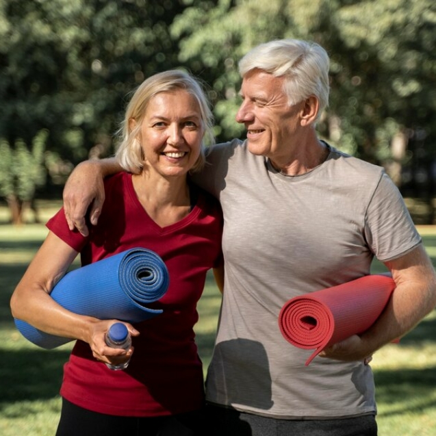 couple-personnes-agees-smiley-exterieur-tapis-yoga-bouteille-eau_23-2148729885